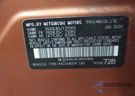 2020 Mitsubishi Mirage Es from USA, damaged, VIN ML32A3HJ9LH005968